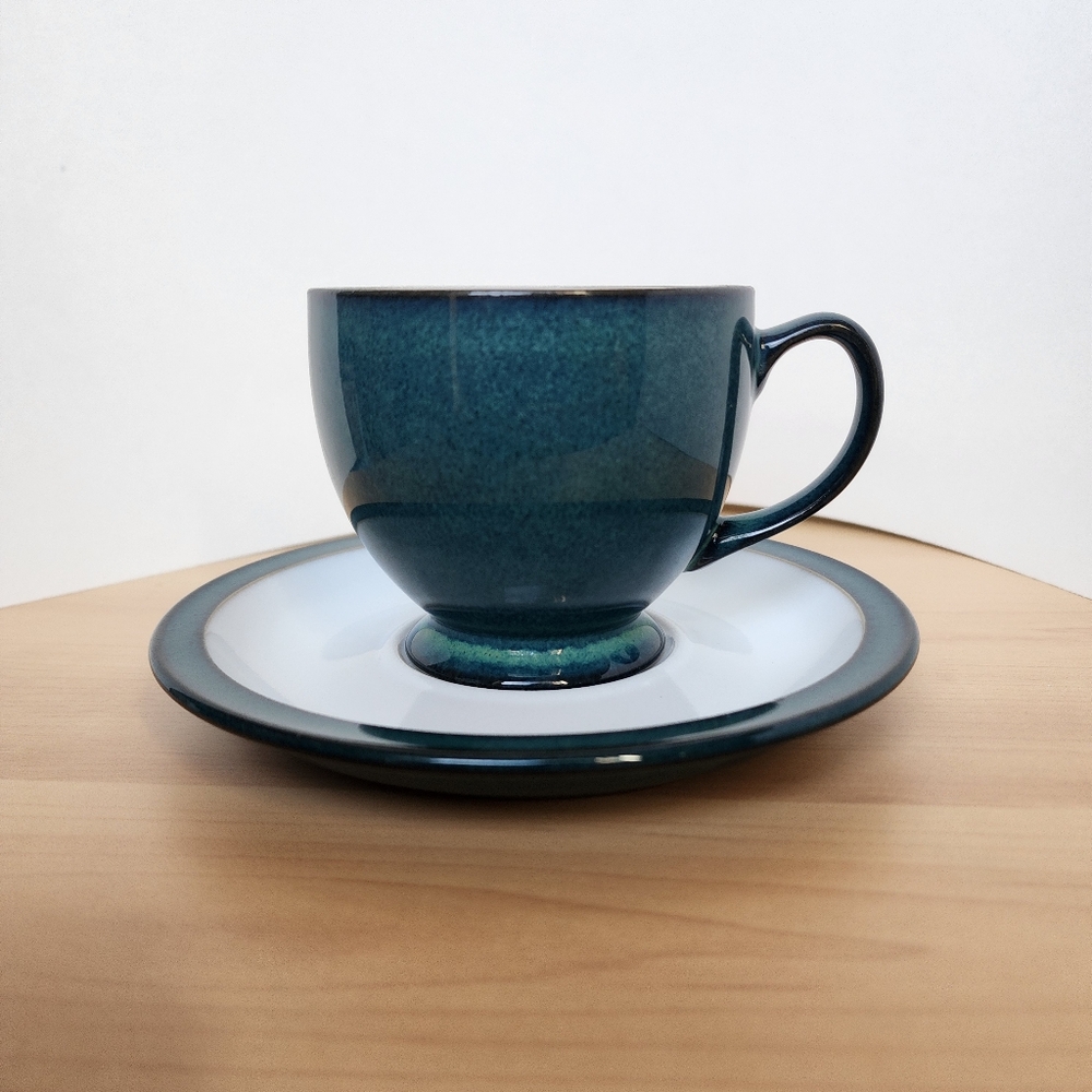 Vintage Denby England Greenwich Teal Stoneware Cup & Saucer Set